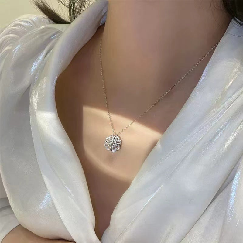 Four-Leaf Clover Heart Pendant Necklace - Crystal Adorned