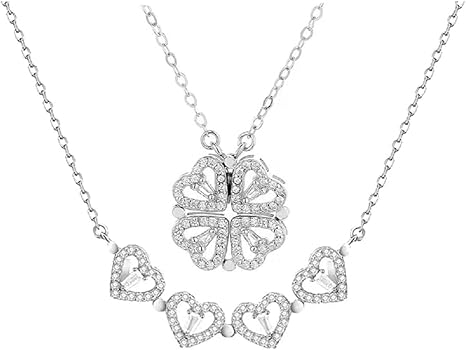 Four-Leaf Clover Heart Pendant Necklace - Crystal Adorned